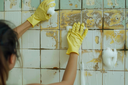 Young woman wearing rubber gloves cleaning tiled wall in light ashy tones in a domestic settingの写真素材