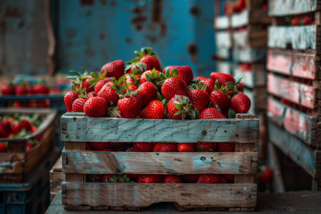 Rustic warehouse setting fresh strawberries in wooden crates, ideal for food advertisingの写真素材