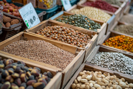 Assortment of various nuts and seeds attractively presented with high quality at a bustling marketの写真素材