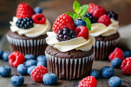 Decadent chocolate cupcakes with cream cheese frosting and fresh berries on displayの写真素材