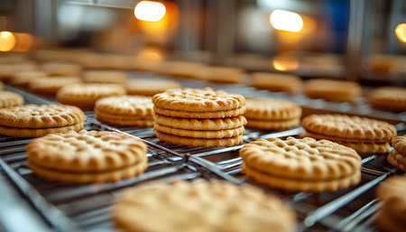 Warm, golden cookies rest on metal cooling racks amid a cozy bakery setting, evoking homey comfort...