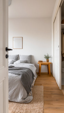 A tranquil space featuring soft lighting, simple aesthetic, warm wooden furnishings, and a peaceful ambiance ideal for relaxation and restful retreatsの写真素材