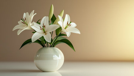 Graceful white lilies arrange with subtle elegance in a sleek ceramic vessel, set against a calming neutral backdrop for versatile decor or branding.の写真素材