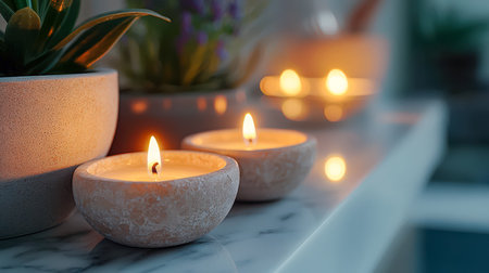 Warm glow from flickering candles mingles with lush potted greenery on a sleek marble table, fostering an intimate and tranquil mood.の写真素材
