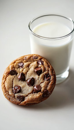 A warm, freshly baked cookie embedded with melting chocolate chips paired with a chilled glass of...