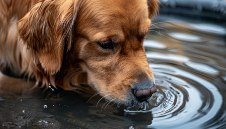 Detailed close up of golden retriever drinking water in high quality image, adorable dog close upの写真素材