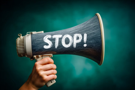 A person passionately facing forward, gripping a large megaphone displaying the bold command...