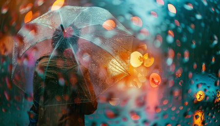 Transparent umbrella in rain with water drops splash background, depicting rainy weather concept