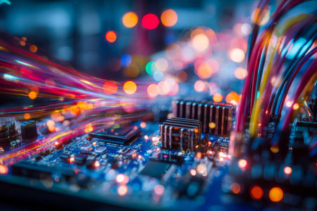 A detailed view of a high-tech circuit board illuminated by vibrant light streaks and soft bokeh glows, creating a dynamic electronics atmosphere.の写真素材