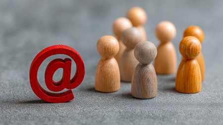 Charming wooden characters surround a bright red @ symbol, illustrating digital interactions and global social connectivity in a warm, inviting style.の写真素材