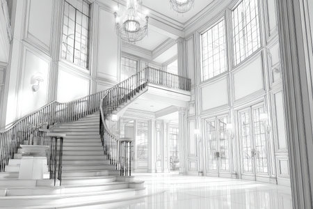 Opulent interior featuring sweeping stairs, towering windows flooding the space with natural light, and ornate decor embodying timeless sophisticationの写真素材