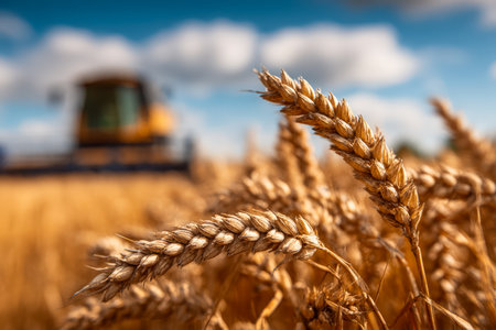 Vibrant golden wheat heads sway in a breeze, with a distant harvester hinting at a busy harvest in a sprawling countryside.の写真素材