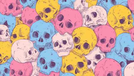 A lively array of playful skull illustrations in soft pastel shades, creating a cheerful and dynamic pattern ideal for fashion, decor, or festive themの写真素材