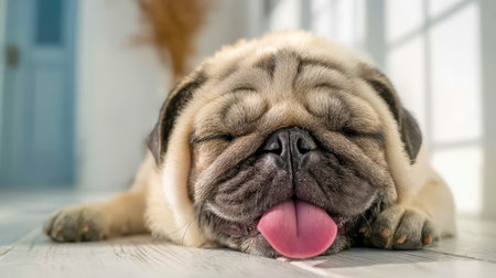 A cute pug snoozes peacefully on a cozy indoor surface, its playful tongue slightly sticking out, capturing a charming and relaxed moment.の写真素材