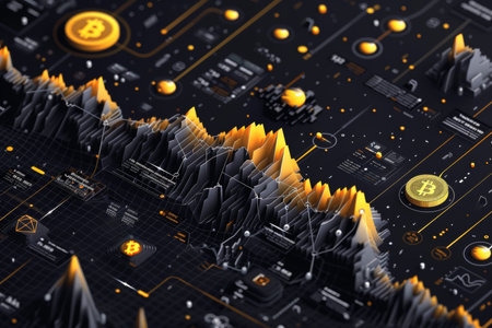 Detailed illustration of bitcoin growth chart in various currency markets showing visual progress