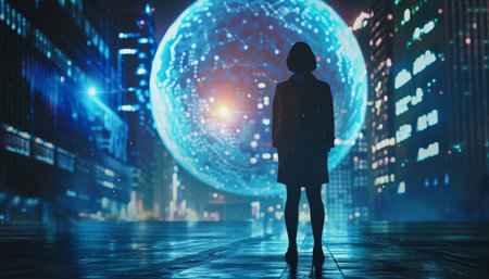 Futuristic global hologram business and digital transformation in cyberpunk technology backdropの写真素材