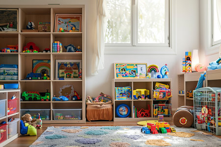 Tidy and organized children's playroom with a variety of toys, books, and designated play area