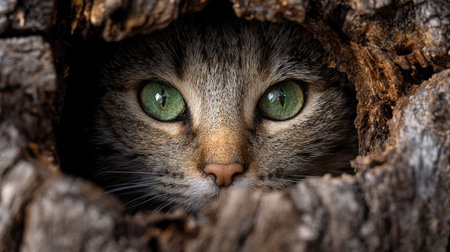 A curious feline with vibrant emerald eyes peers from a tree opening, capturing a mystical, woodland vibe ideal for nature or wildlife themes.の写真素材