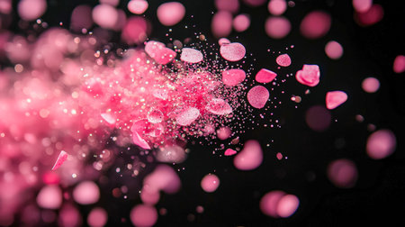 A vibrant explosion of shimmering pink glitter and tiny sparkles erupts dynamically, creating a lively contrast on a deep, shadowed backdrop.の写真素材