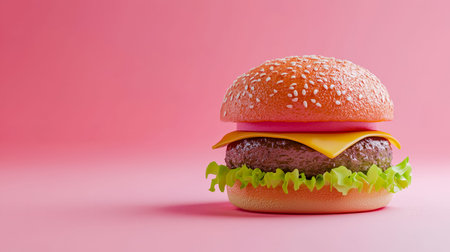 Juicy beef slab topped with melting cheese and crisp lettuce, nestled inside a vibrant pink bun against a pastel pink backdrop, tempting and playful.の写真素材