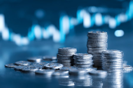 A precise arrangement of coin stacks against a soft-focus financial graph, conveying prosperity, growth potential, and investment strategy ambiance.の写真素材