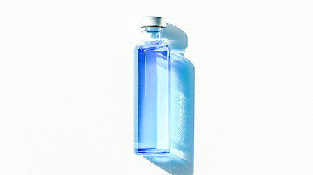 A sleek transparent bottle containing vibrant blue fluid, creating soft shadows that highlight its elegant form against a plain white backdrop.の写真素材