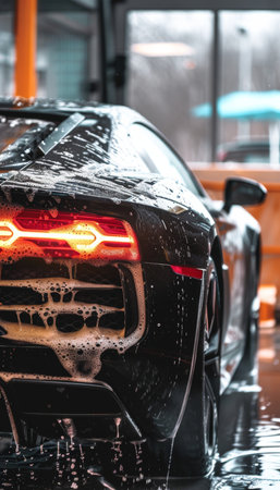 Professional car wash meticulous cleaning of sleek black sports car for ultimate shineの写真素材