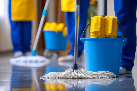 Skilled cleaners scrub and mop polished floors in a modern commercial area, creating a spotless,...