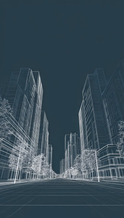 A translucent digital mesh outlines sleek skyscrapers and lush streets, blending urban innovation with green spaces in a futurist style.の写真素材