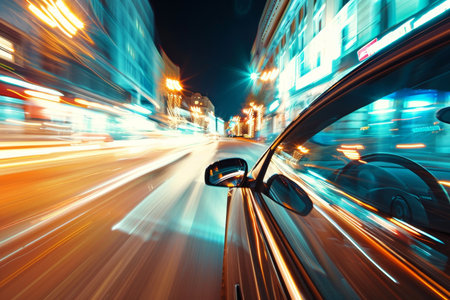 The photo is of high quality. A dynamic long exposure shot of a car speeding through an illuminated urban street at night.の写真素材