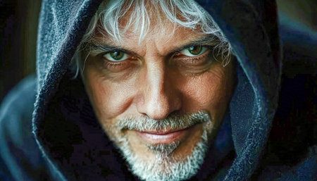 A mature man with an intense gaze drapes in a hoodie, exuding self-assurance and focus, perfect for themes of confidence, urban style, and determinatiのeditorial素材