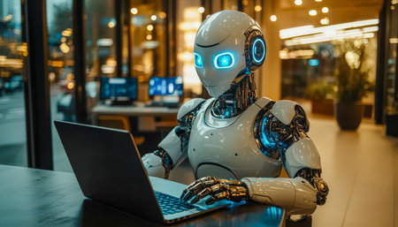 A sleek, human-like robot intently types on a laptop amid contemporary office furnishings, reflecting innovation and futuristic workspace harmony.の写真素材