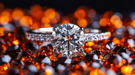 A luxurious ring featuring a stunning, sizable center diamond with intricate accent stones, set against a shimmering gemstone backdrop evoking eleganceの写真素材