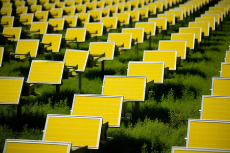 Scenic view of solar panels in a sun-drenched field, renewable energy concepts in summertime
