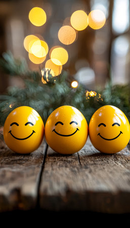 Vibrant yellow eggs with joyful face sketches rest on aged wood, set against a cozy backdrop of festive glow and lush pine, perfect for seasonal themeの写真素材