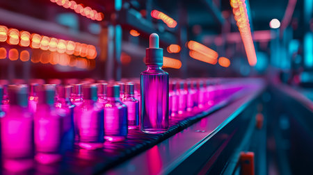 A sequence of pastel pink beauty containers arranged along a sleek manufacturing belt, set against a vibrant, out-of-focus palette of colors.の写真素材