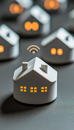 A sleek smart home model emits Wi-Fi waves, linking to tiny houses with glowing windows, illustrating modern connectivity and intelligent living.の写真素材