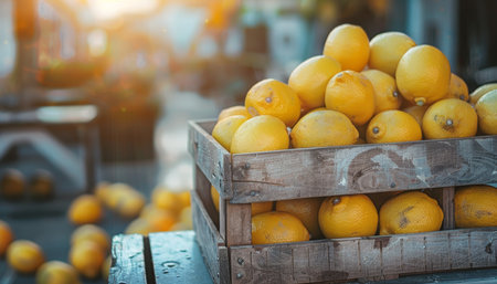 Sunlit fresh lemons in wooden crates on vintage table, exuding summer vibes in soft morning lightの写真素材