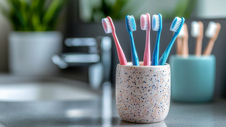 Brightly hued toothbrushes rest in a speckled ceramic cup, adding vibrant charm to a tidy bathroom surface, ideal for health and home decor scenes.の写真素材