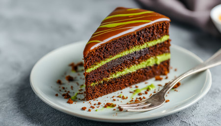 A rich chocolate cake featuring multiple layers, vibrant green filling between tiers, topped with glossy chocolate glaze, invitingly presented on a clの写真素材