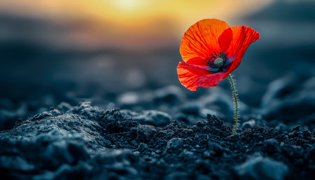 A radiant red poppy emerges amidst rugged soil, basking in the warm glow of sunset, symbolizing resilience and natural beauty.の写真素材