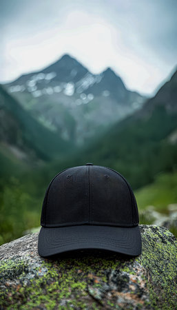 A sleek black cap rests atop a lush moss-covered stone, set against towering mountain peaks and sprawling wilderness, evoking adventure and outdoor leの写真素材