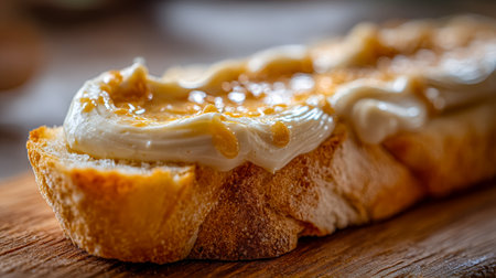 A detailed view of golden toasted bread generously layered with tangy lemon curd and smooth cream, resting on a rustic wooden background.の写真素材