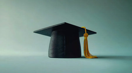 A black mortarboard with a vibrant tassel rests on a smooth surface, evoking pride, success, and the...