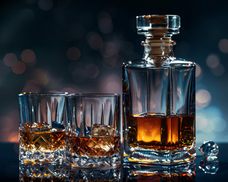 Premium close up of elegant whiskey bottle and two glasses filled with exquisite whiskeyの写真素材
