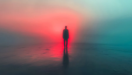 A lone individual gazes across a shimmering landscape as a vibrant, surreal sky blazes with pastel hues during twilight, creating a tranquil, introspeの写真素材