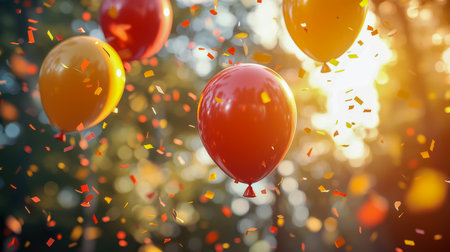 Vibrant balloons and shimmering confetti burst against a soft bokeh glow, creating a festive atmosphere perfect for joyful celebrations.の写真素材