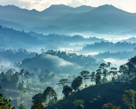 Majestic sunrise over chiangdao mountain range in chiangmai, thailand, creating a stunning landscapeの写真素材