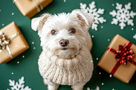 A charming pup in a snug knit coat sits amid festive gift boxes and delicate snowflake ornaments, radiating holiday warmth and cheerful spirit.の写真素材