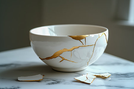 A sleek white ceramic dish featuring a shimmering gold crackle pattern, resting atop a polished marble surface, exuding sophistication and timeless stの写真素材